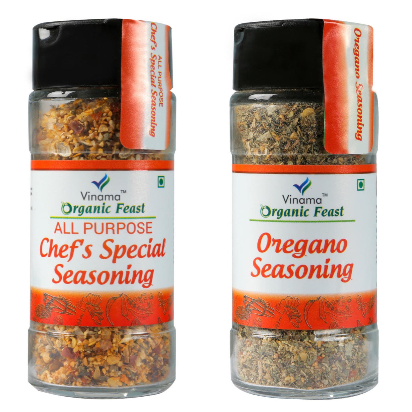 Vinama Organic Feast All Purpose Combo | All Purpose Chef's Special Seasoning x 1, 60g | Oregano Seasoning x 1, 45g | Pack of 2 | Glass Bottle